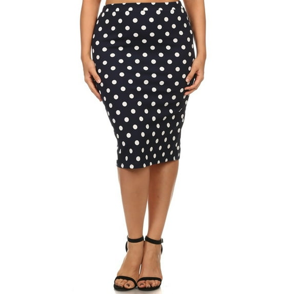 Women's Plus Size Elastic Waist Band Polka Dot Pencil Midi Skirt