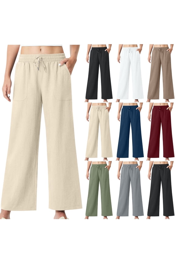 Women's Plus Size Elastic Waist Drawstring Soft Stretch Pants with Pockets, Solid Color Straight Leg Wide Leg Casual Pants, Business Casual Lounge Pants | VerBelle,Beige L