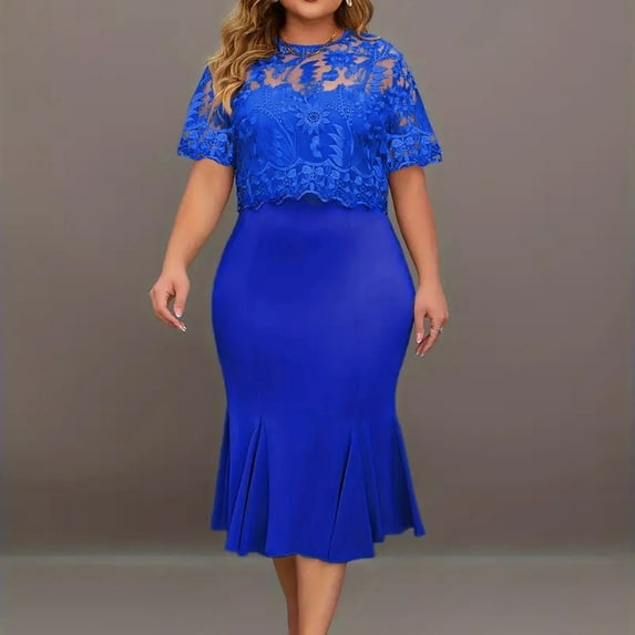 Women's Plus Size Elegant Dress Solid Color Contrast Lace Short Sleeve Round Neck Dress Dress Solid Color Long Sleeve Body Dress Trend Dresses for Women Swing Dress with Pockets Tie Waist Dress Woman