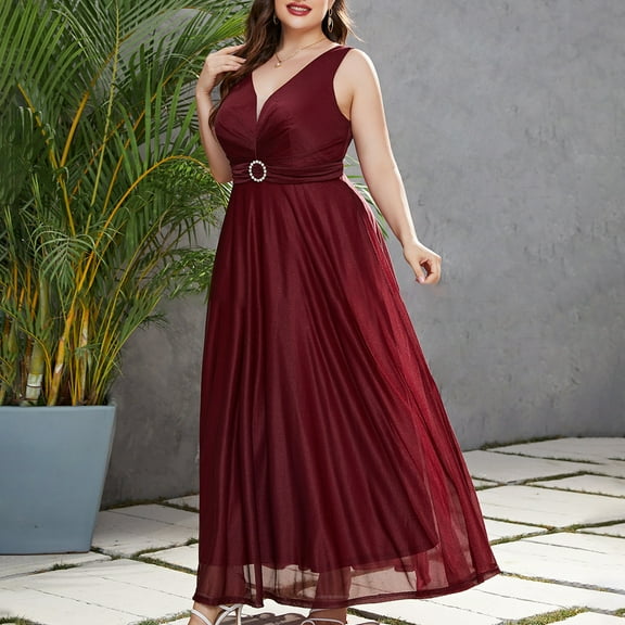 Women's Plus Size Elegant Evening Wedding Guest Long Chiffon Dress with Drop Waist Solid Color Dresses