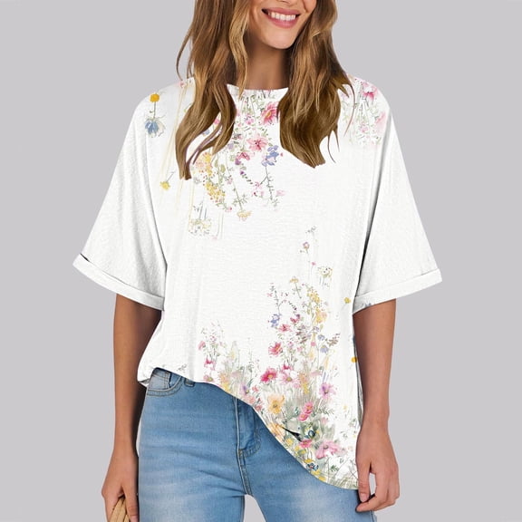 Women's Plus Size Elegant Floral Print Tops Summer Trendy Short Sleeve Shirts Dressy Casual Loose Fit Comfort Blouse