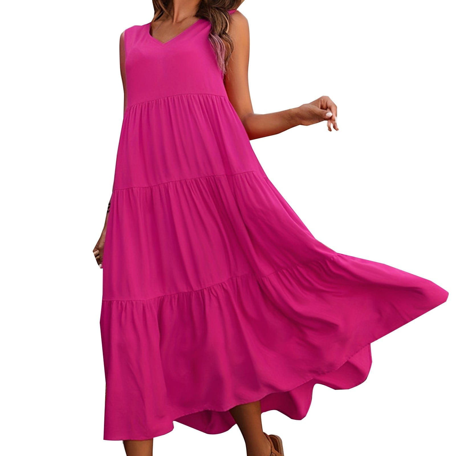 Women's Plus Size Elegant Holiday Linen Dress V Neck Tiered Hem Loose ...