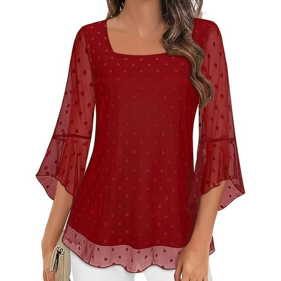Women's Plus Size Elegant Red Polka Dot Blouse with Square Neckline, Double-Layer Mesh & Ruffle Sleeves - Semi-Sheer, 3/4 Sleeve, Casual Spring/Summer/Fall Top