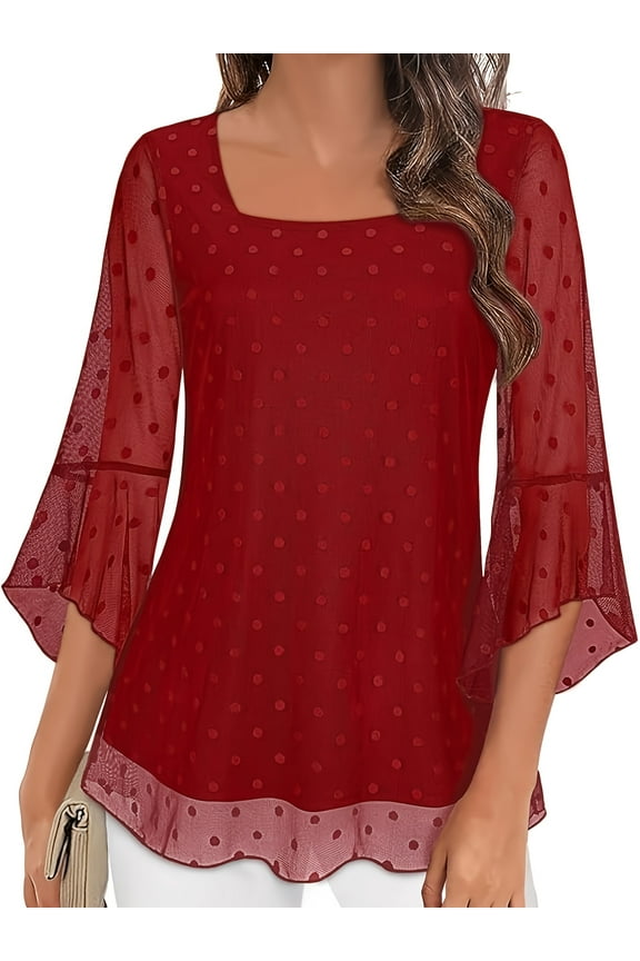 Women's Plus Size Elegant Red Polka Dot Blouse with Square Neckline, Double-Layer Mesh & Ruffle Sleeves - Semi-Sheer, 3/4 Sleeve, Casual Spring/Summer/Fall Top