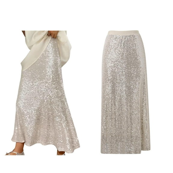 Women's Plus Size Elegant Sequin High Waisted A-Line Long Skirt for Spring Formal Wear