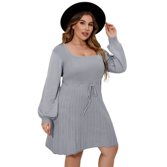 Women's Plus Size Elegant Square Neck Sweater Dress Midi Casual Tie Waist Dress