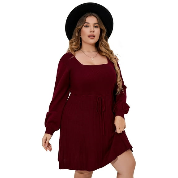 Women's Plus Size Elegant Square Neck Sweater Dress Midi Casual Tie Waist Dress