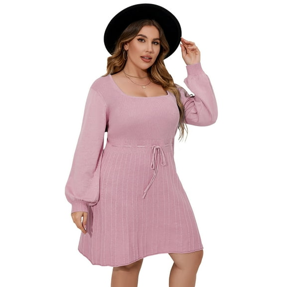 Women's Plus Size Elegant Square Neck Sweater Dress Midi Casual Tie Waist Dress