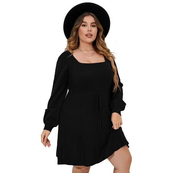Women's Plus Size Elegant Square Neck Sweater Dress Midi Casual Tie Waist Dress