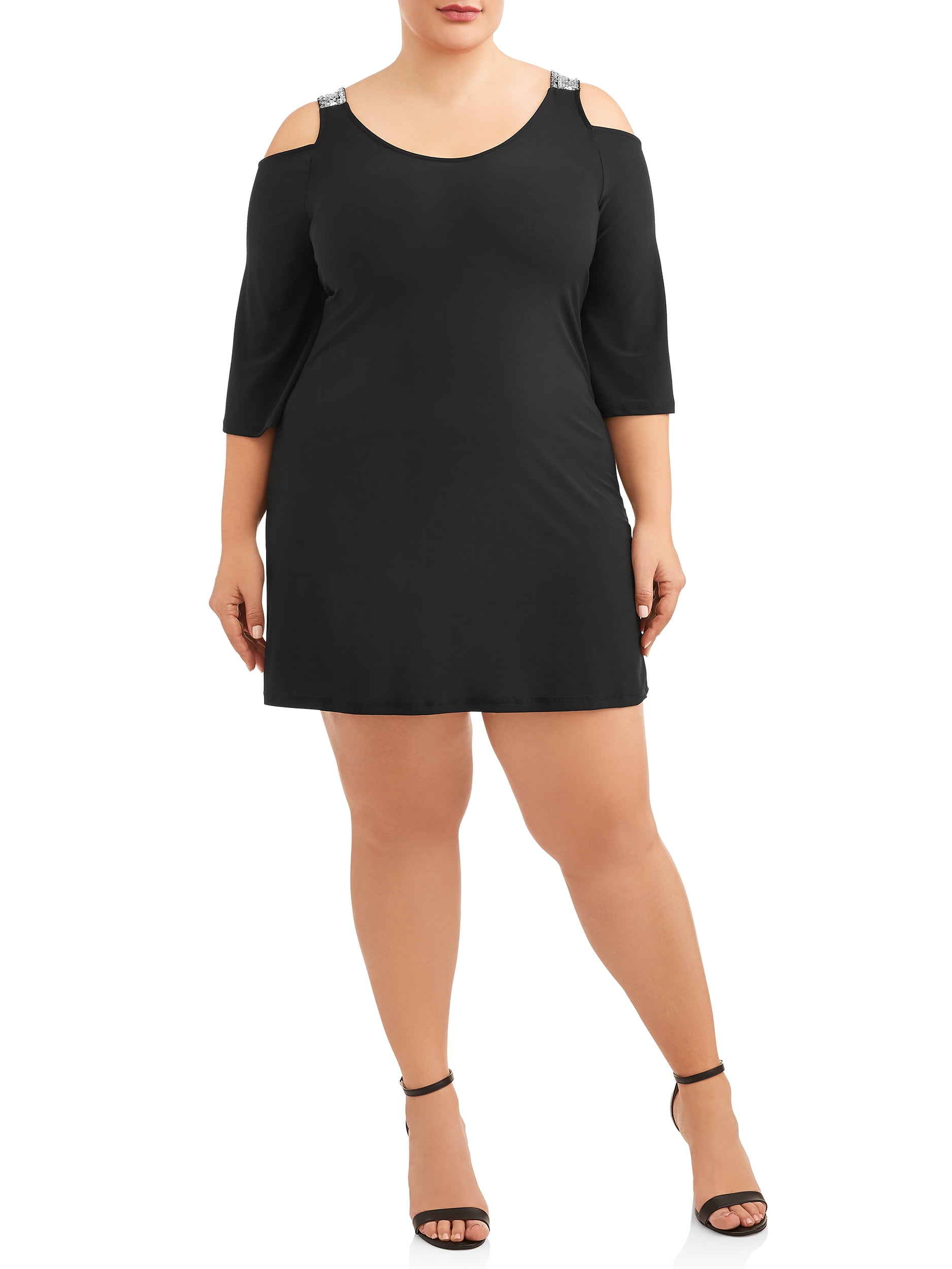 Women's Plus Size Embellished Cold Shoulder Flare Sleeve Dress - Walmart.com