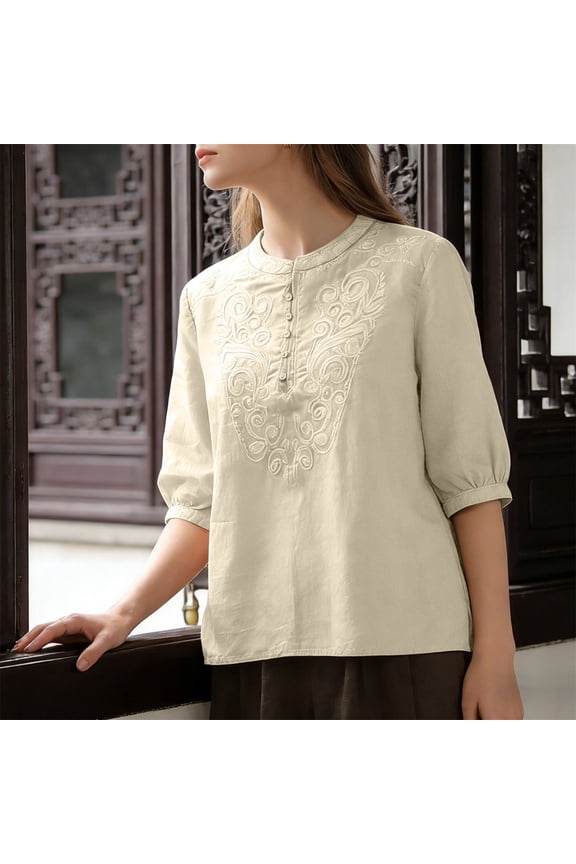 Women‘s Plus Size Embroidered Blouse, Linen Cotton Loose Fit Top, Chinese Style Round Neck Half Sleeve Tunic, Casual Boho Chic Everyday Comfort Shirt Beige L