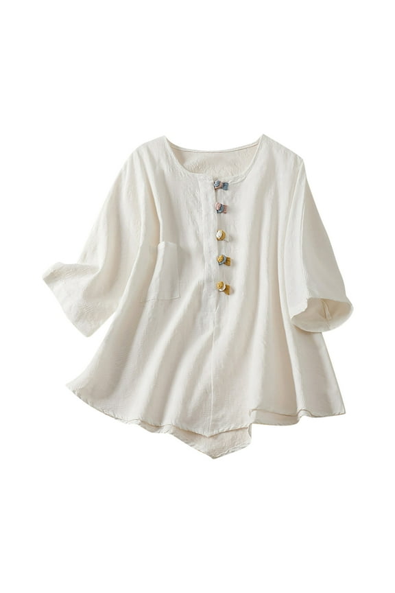 Women's Plus Size Embroidered Cotton Linen T-Shirt Casual Round Neck Short Sleeve Loose Fit Blouse Top for Spring Summer Season Comfortable Everyday Fashion Wear