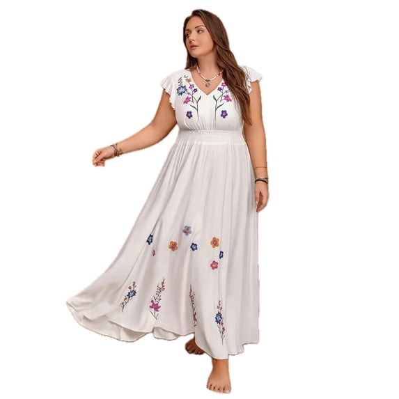 Women's Plus Size Embroidered Floral V Neck Cap Sleeve Maxi Dress with Ruched Sheer Bodice 100% viscose fabric