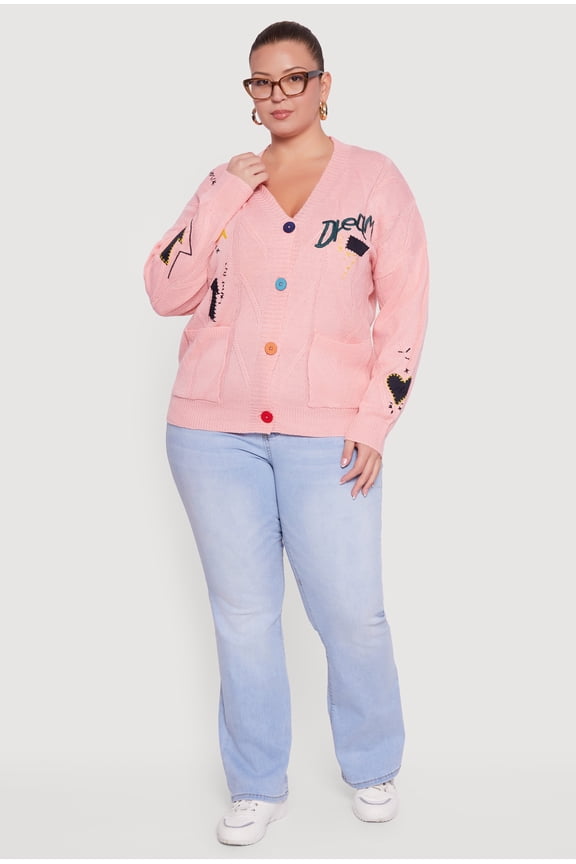 Women's Plus Size Embroidered Patch Button Front Cardigan