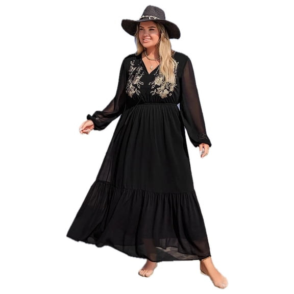 Women's Plus Size Embroidered Tie Neck Long Sleeve Dress with Sheer Overlay Lined Bodice 95% Polyester 5% Elastane