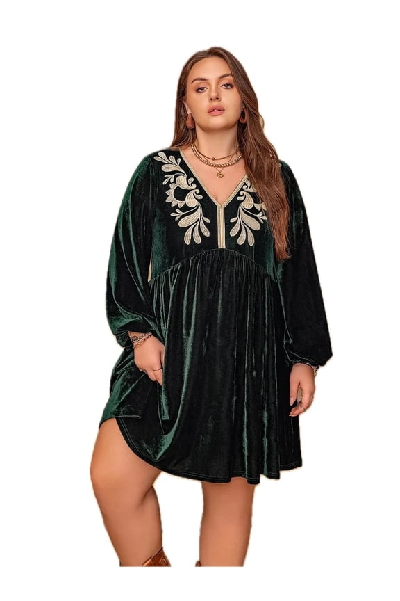 Women's Plus Size Embroidered V Neck Long Sleeve Dress With Sheer Overlay And Stretch Fabric 95% Polyester 5% Elastane