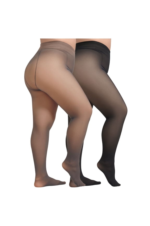 Women's Plus Size Everyday Tights 2PC Pack 90g Micro Fleece Leggings Comfort Fit Sheer Toe Pantyhose For Layered Outfits
