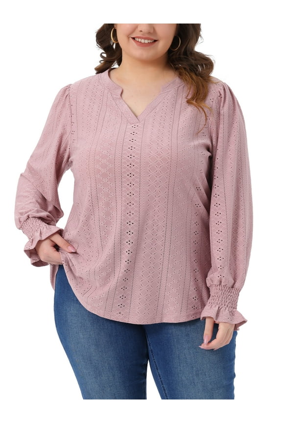 Women's Plus Size Tops Eyelet Hollow Out Notched V Neck Ruffle Long Sleeve Casual Tunic Blouses 3X Gray Pink