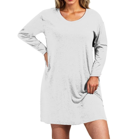 Women's Plus Size Fall Dress Loose Casual Crew Neck Long Sleeve Tshirts Dress Solid Color Nightgown Loungewear (3XL, White)