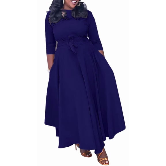 Women's Plus Size Fall Elegant Collar Crew Neck A-line Maxi Dress Pleated Dress