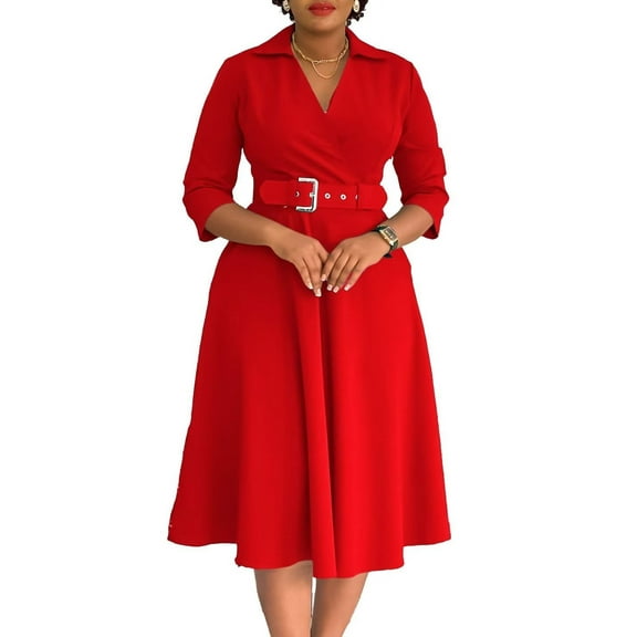 Women's Plus Size Fall Lapel Fashion Temperament Pleated Dress Workwear Dresses