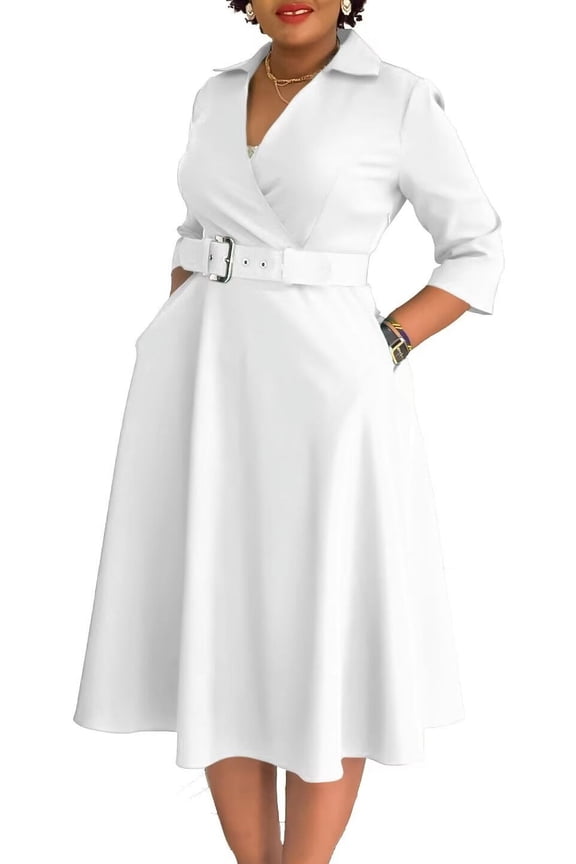 Women's Plus Size Fall Lapel Fashion Temperament Pleated Dress Workwear Dresses
