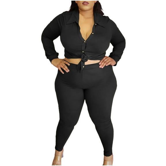 Women's Plus Size Fall Two-Piece Outfits Button Down Shirt Wide Leg Pants Casual Solid Color Collar Loose Sets (Black 2XL)