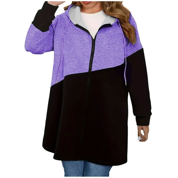 Women's Plus Size Fall Winter Color Block Hooded Drawstring Mid-Length Coat Casual Long-Sleeve Full-Zip Jacket Top