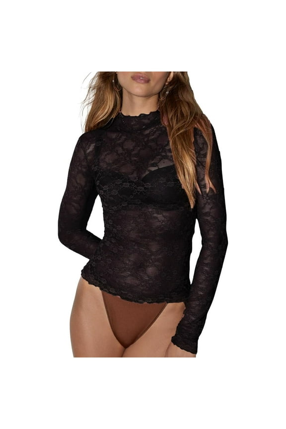 Women's Plus Size Fashion Blouse Long Sleeve Lace Top Casual Slim Fit Elegant Sexy Versatile Undershirt For Daily Wear
