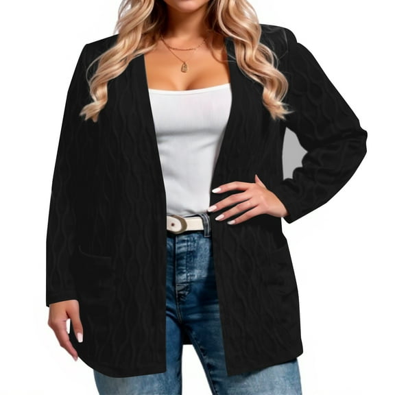 Women's Plus Size Fashion Casual Solid Color Long-Sleeve Jacket, Black, Size L