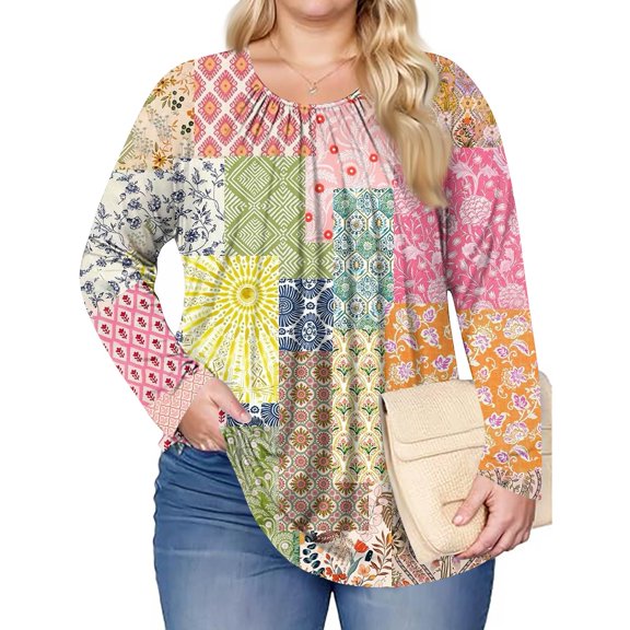 Women's Plus Size Fashion Printed Casual Pleated Round Neck Long Sleeve Top with Retro Pattern for Versatile and Chic Styling,Yellow,4XL
