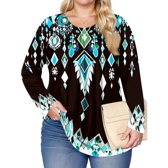 Women's Plus Size Fashion Printed Casual Pleated Round Neck Long Sleeve Top with Retro Print for Stylish and Comfortable Wear,Cyan,5XL