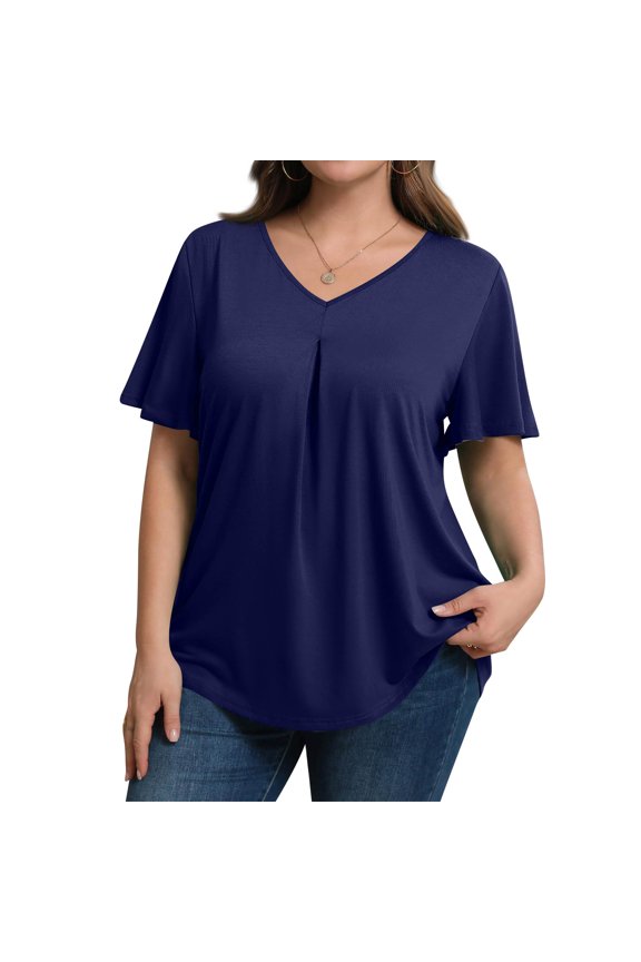 Women's Plus Size Fashionable Casual Loose-Fit Short Sleeve Elegant V Neck Blouse For Work, Size L-5XL