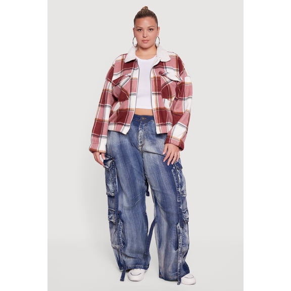 Women's Plus Size Faux Fur Collared Plaid Zip Front Shacket