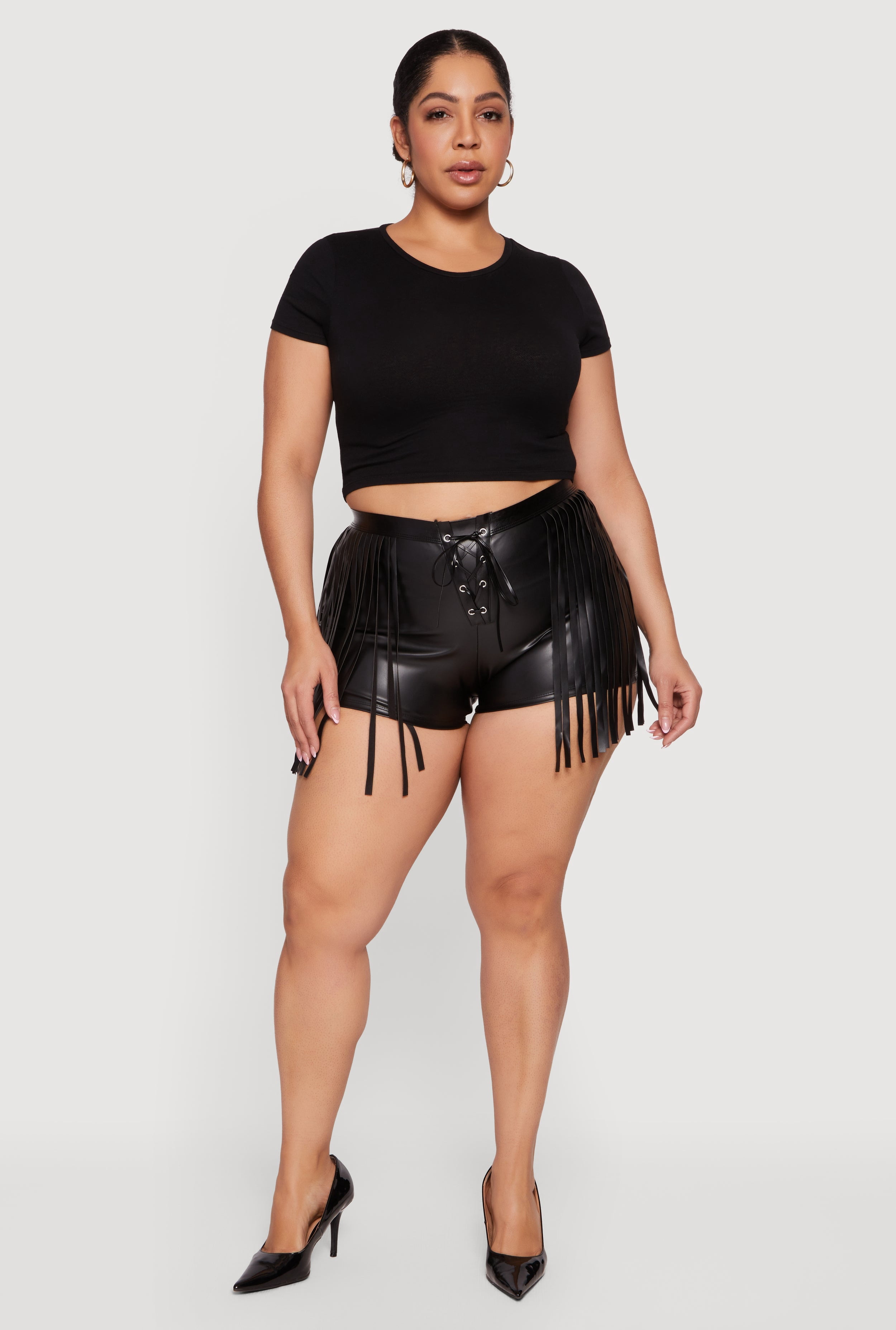 Women's Plus Size Faux Leather Lace Up Front Fringe Side Shorts