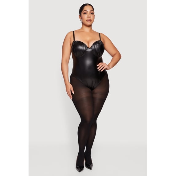 Women's Plus Size Faux Leather Ruched Corset Bodysuit
