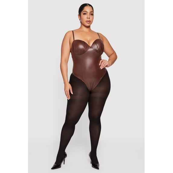 Women's Plus Size Faux Leather Ruched Corset Bodysuit