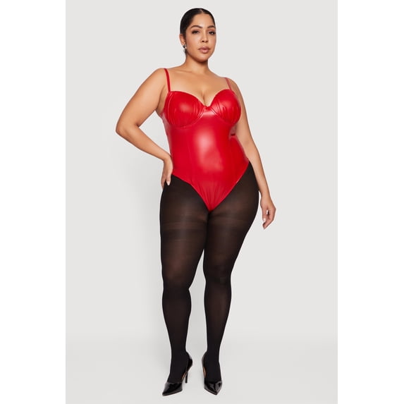 Women's Plus Size Faux Leather Ruched Corset Bodysuit