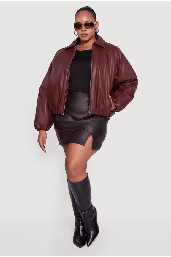 Women's Plus Size Faux Leather Zip Front Bubble Hem Jacket