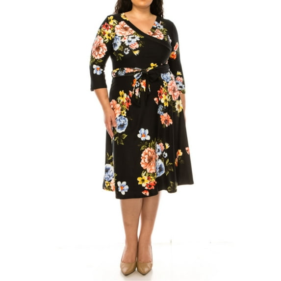 Women's Plus Size Faux Wrap Dress with Deep V-Neck and Waist Tie