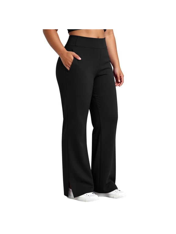 Women's Plus Size Flare Dress Pants High Waist Split Hem Bootcut Pants Soft Stretch Pull On office Work Casual Pants with Pockets Black