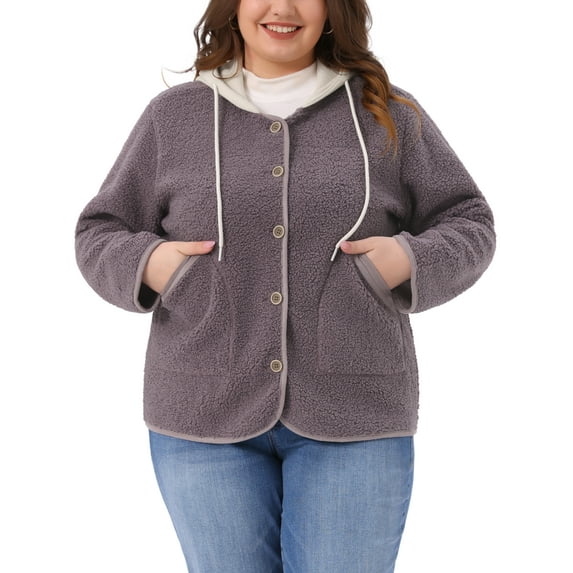 Agnes Orinda Women's Plus Size Fleece Jacket Hooded Fuzzy Long Sleeve Button Down Outerwear Casual Teddy Coat with Pockets 1X Purple