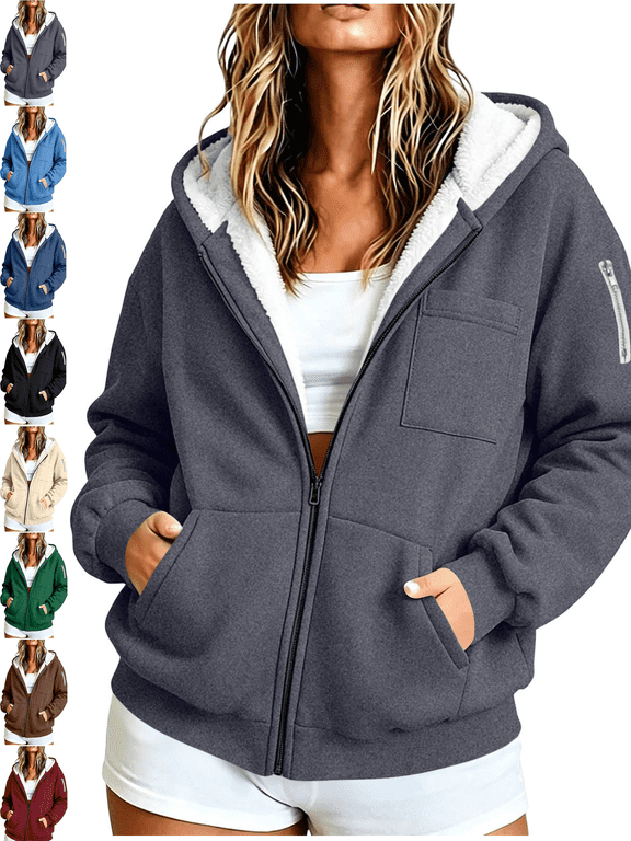 Women's Plus Size Fleece Lined Jackets Zip Up Warm Hooded Jacket with Pockets Casual Midweight Winter Outwear