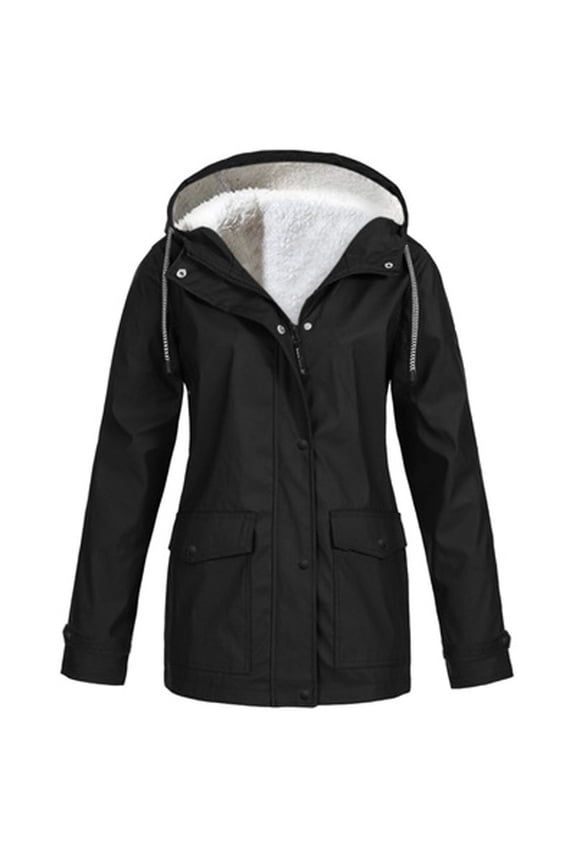 Women's Plus Size Fleece-Lined Windbreaker,Oversized Thicken Fleece Lined Raincoat Waterproof Thermal Trench Coat Hoodies Outdoor Warm Hooded Rain Jacket