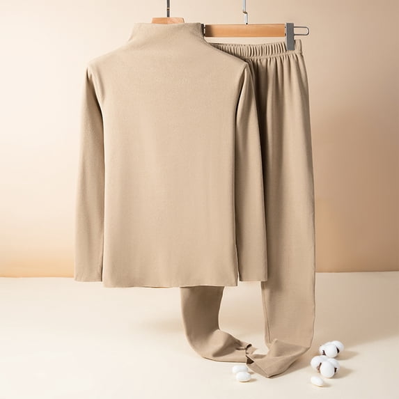 Women's Plus Size Fleece Loungewear Set - Long Sleeve Solid Thick Warm Pajamas & Pants - Camel - L