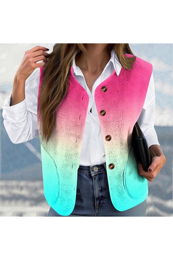 Women's Plus Size Fleece Vest Sleeveless Tops Lightweight Sherpa Button Down Printed Outwear Winter Warm Cozy Casual Jacket with Pockets
