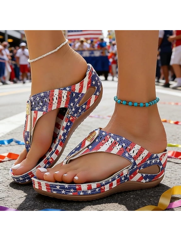 Women's Plus Size Flip Flops with Patriotic USA Flag Print, Thick Sole Wedge Sandals for Summer Beach and Pool, Comfortable Toe Post Casual Shoes