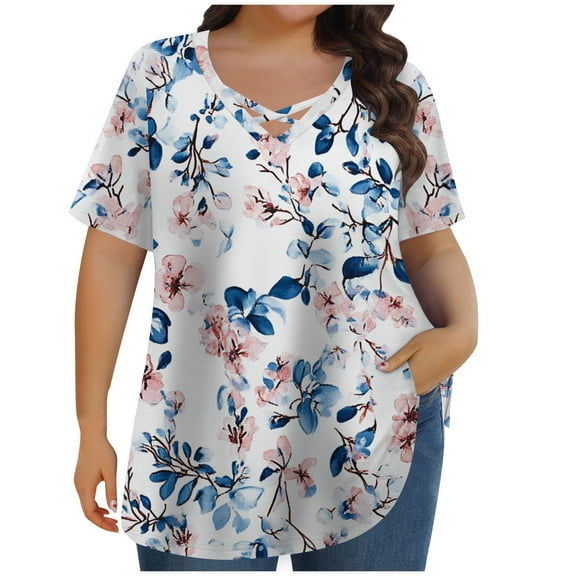Women's Plus Size Floral Blouses Criss Cross V Neck T-Shirts Short Sleeve Spring Summer Tops Ladies Loose Fit Comfy Tunic Shirt Loungewear Dressy Casual Basic Tees Beach Vacation Clothing