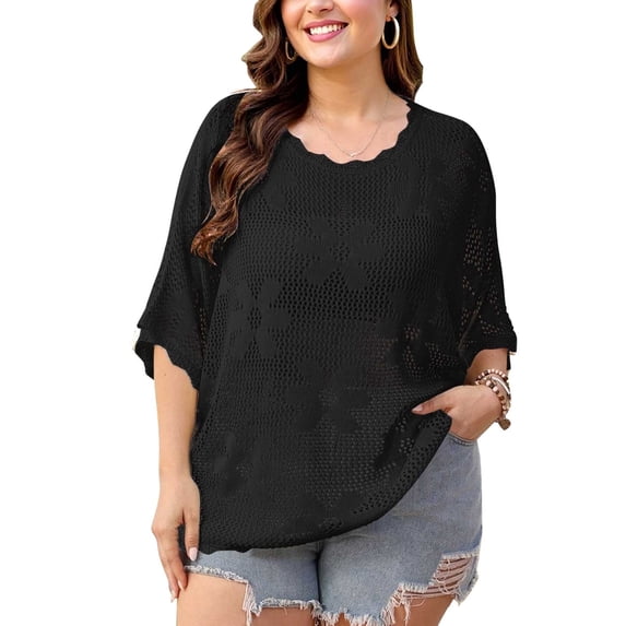 Cogild Women’s Plus Size Floral Crochet Top Hollow Out Crew Neck Dolman Sleeve Loose Knit Cover up & Casual Shirt L–4XL