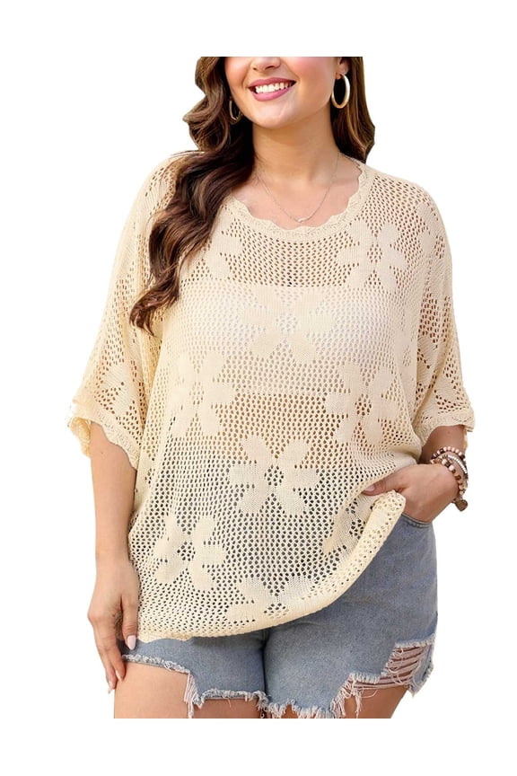 Women’s Plus Size Floral Crochet Top Hollow Out Crew Neck Dolman Sleeve Loose Knit Cover Up & Casual Shirt L–4XL Cogild
